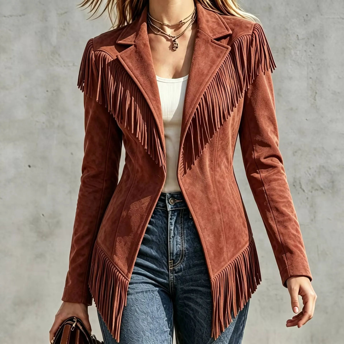 Fitted Faux‐suede Fringe Western Jacket