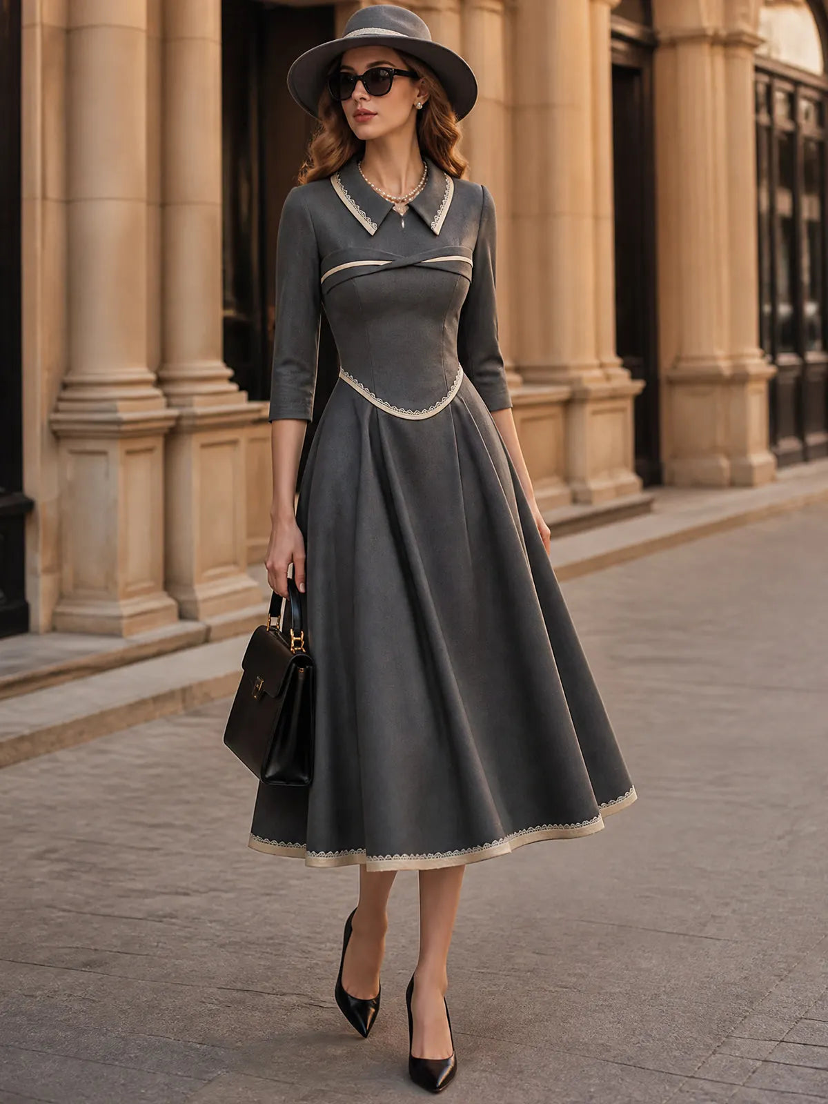 Vintage Grey Contrast-Trim Collared A-Line Midi Dress