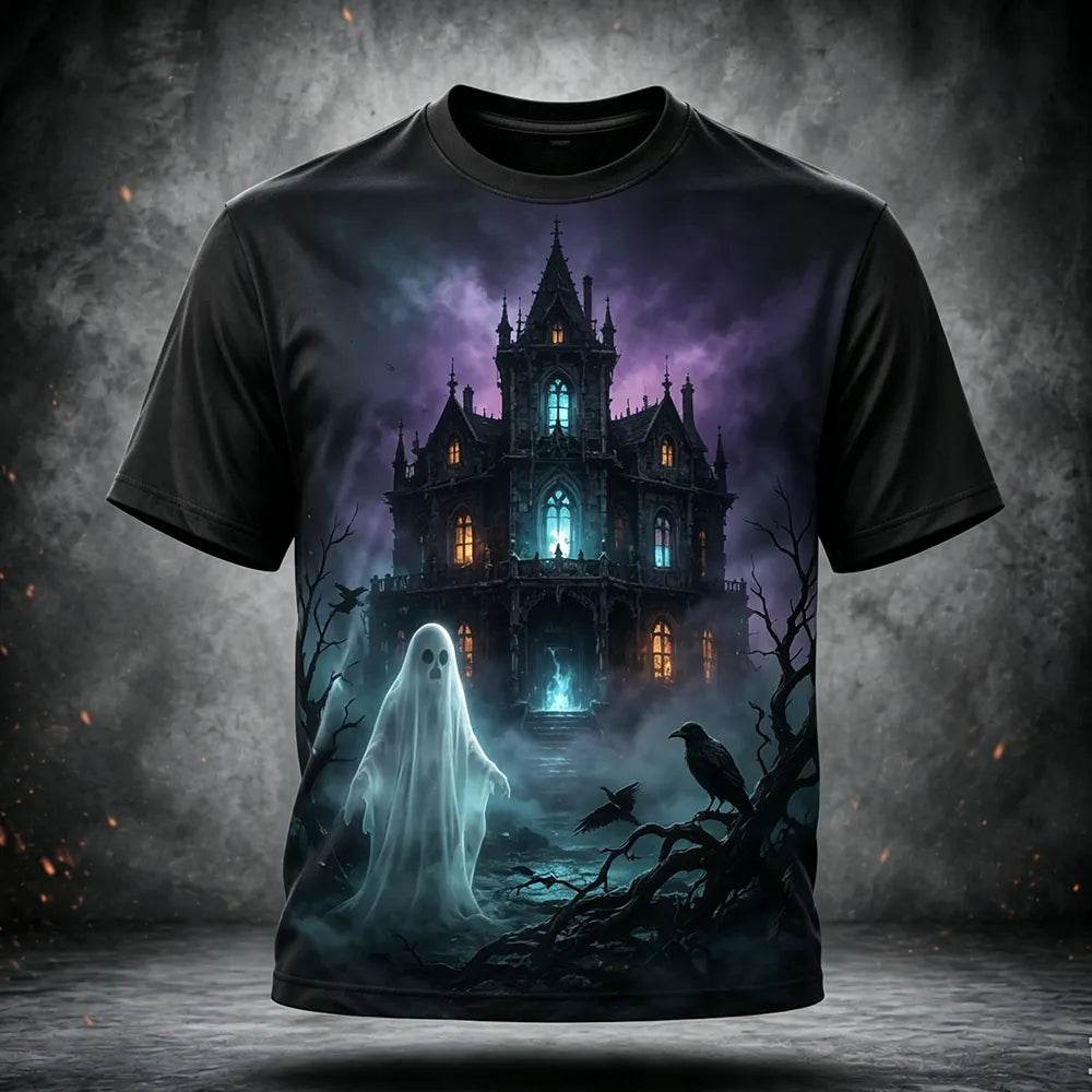 Men's T-shirt With Haunted Castle And Ghost Graphic