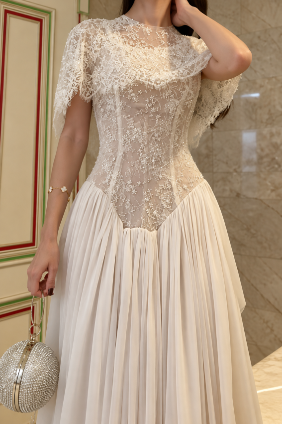 ivory-lace-top-pleated-maxi-skirt-set-short-sleeve-two-piece-dress