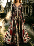 Women's Retro Halloween Gothic Skeleton Floral Poker Pattern Print V-neck Maxi Dress