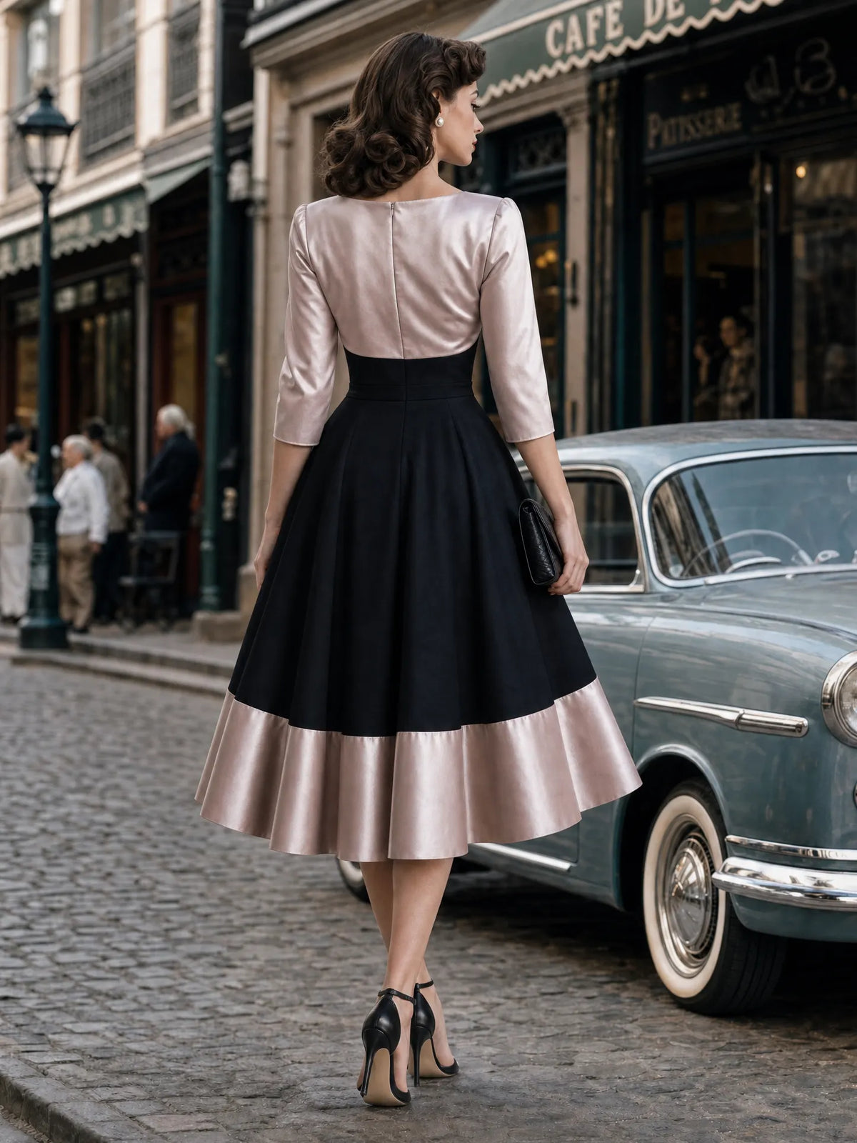 Vintage Satin Bow Spliced Midi Dress