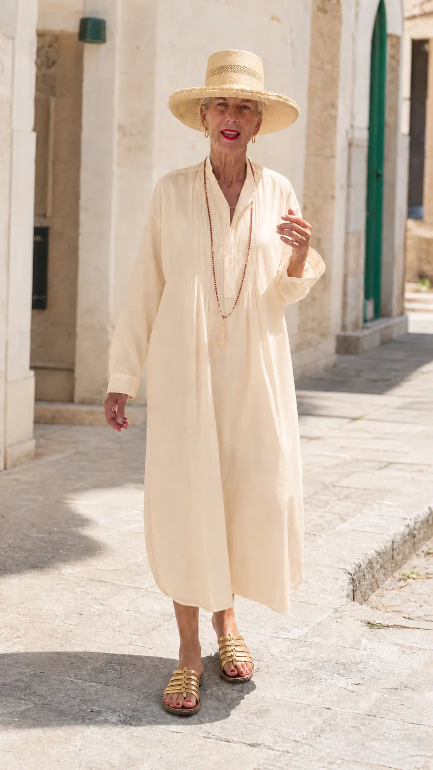 Women's Pintuck Pleated Button Midi Shirt Dress Loose Long Sleeve Caftan