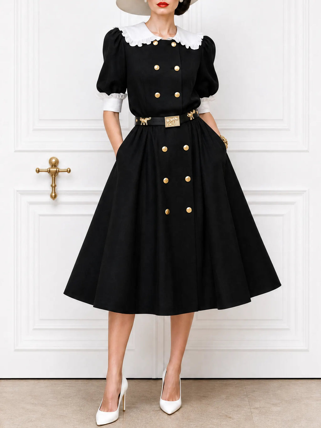 Vintage Double-breasted Lapel Ruffle Trim Midi Dress