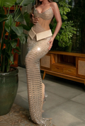 Nude Mirror-Embellished Mermaid Maxi Dress
