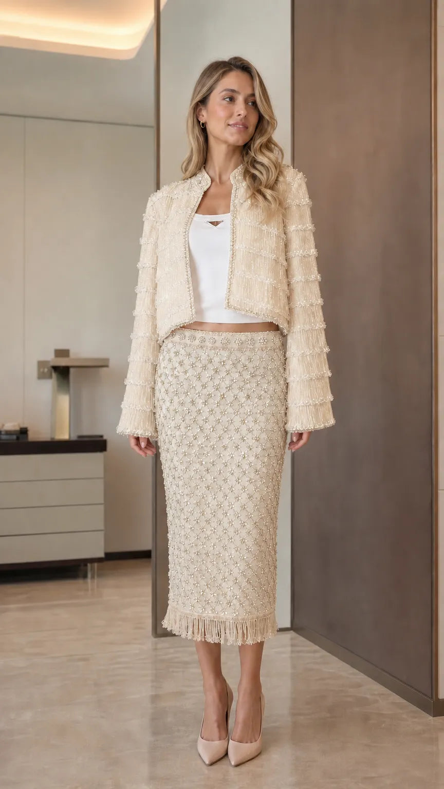 Elegance Tweed Open-Front Crop Jacket & Midi Skirt Set
