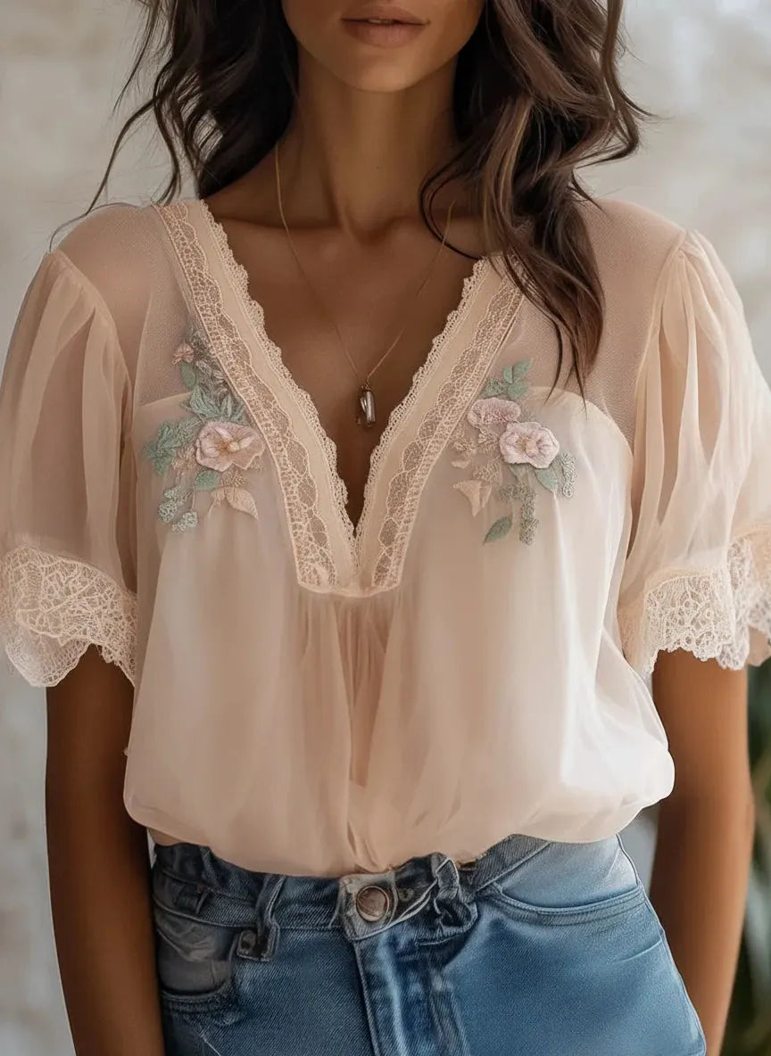 Boho Delicate Lace Floral Embroidered Chiffon Blouse
