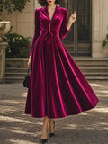 Vintage Magenta Velvet Tie-Waist Long-Sleeve A-Line Dress