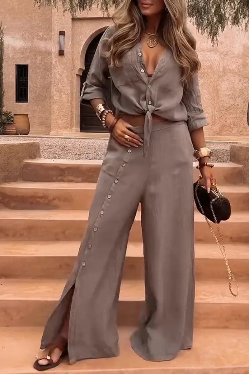 Women's Lapel Slit Button Cotton and Linen Casual Suit