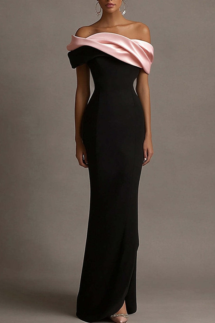 Black and Pink Off the Shoulder Sheath Satin Maxi Evening Dress