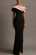 Black and Pink Off the Shoulder Sheath Satin Maxi Evening Dress