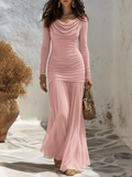 Resort-style Drop Neckline Long-sleeved Solid Color Dress