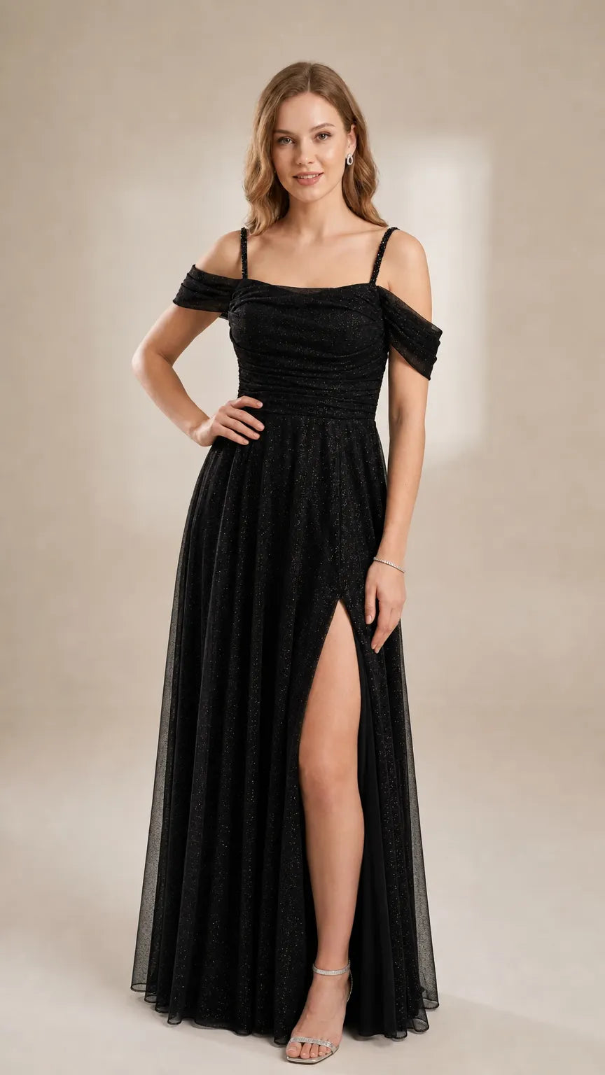 Glitter Mesh Off-the-Shoulder Evening Gown with Beaded Straps and Thigh Slit