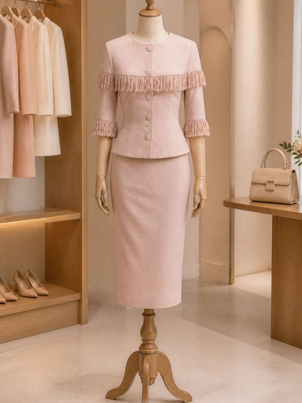Vintage Pink Fringe Trim Jacket & Skirt Set