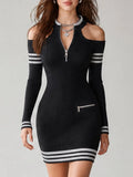 Contrast Stripe Cold-Shoulder Ribbed Knit Mini Dress