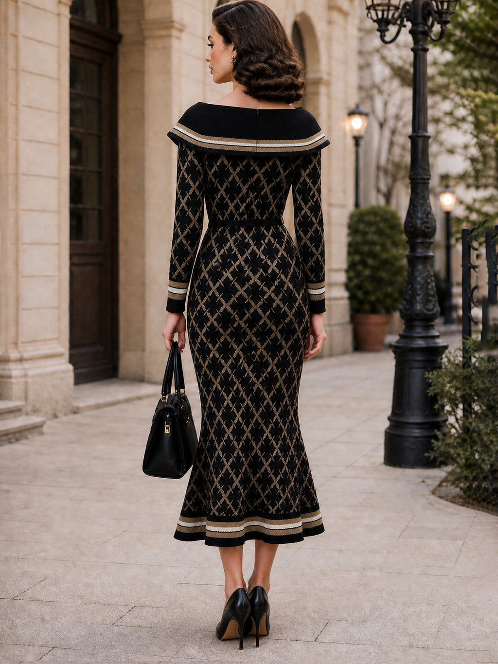 Vintage Black Collared Knit Fishtail Dress