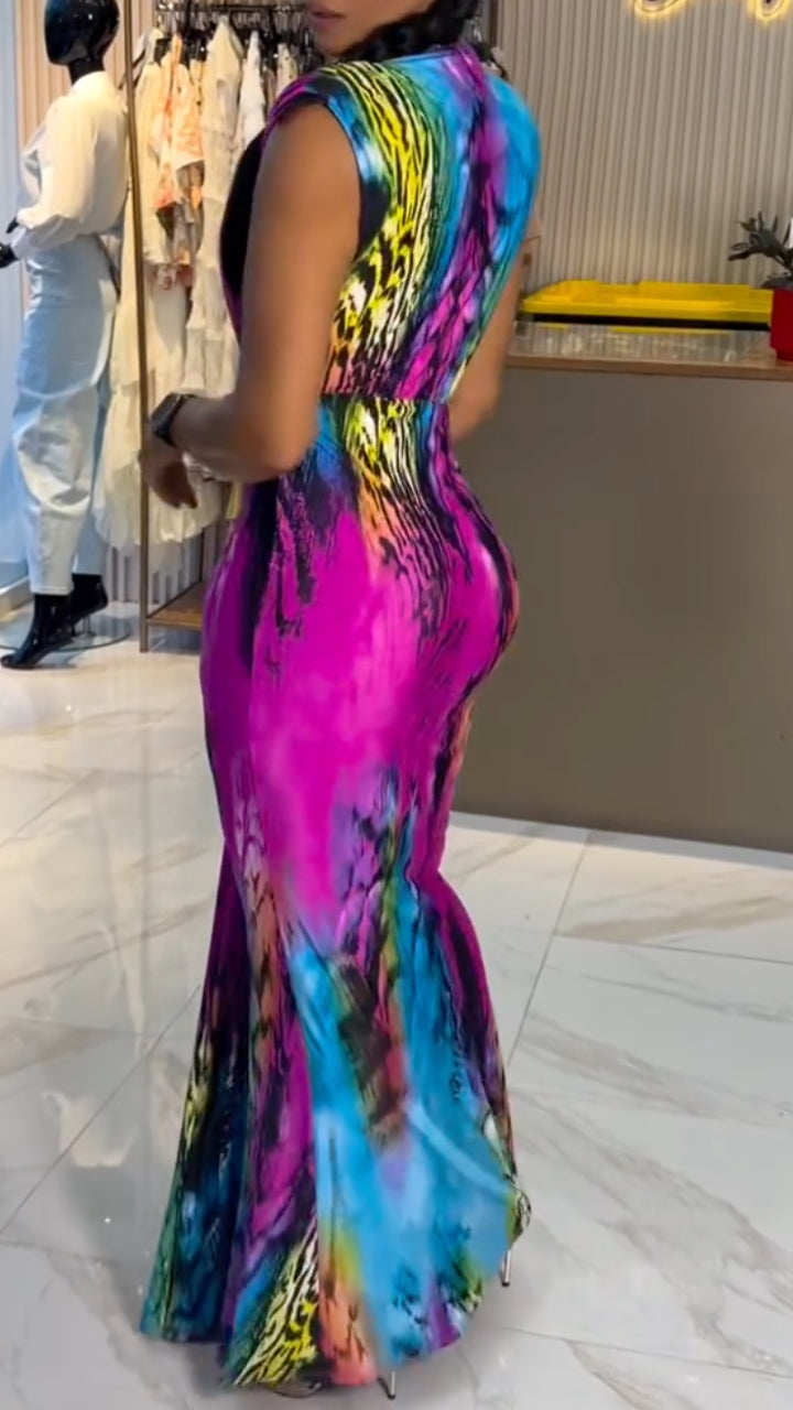 Colorful Tie‐Dye Deep V Twist Maxi Dress
