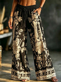 Women's Boho Gothic Skeleton Floral Print Wide Leg Palazzo Pants