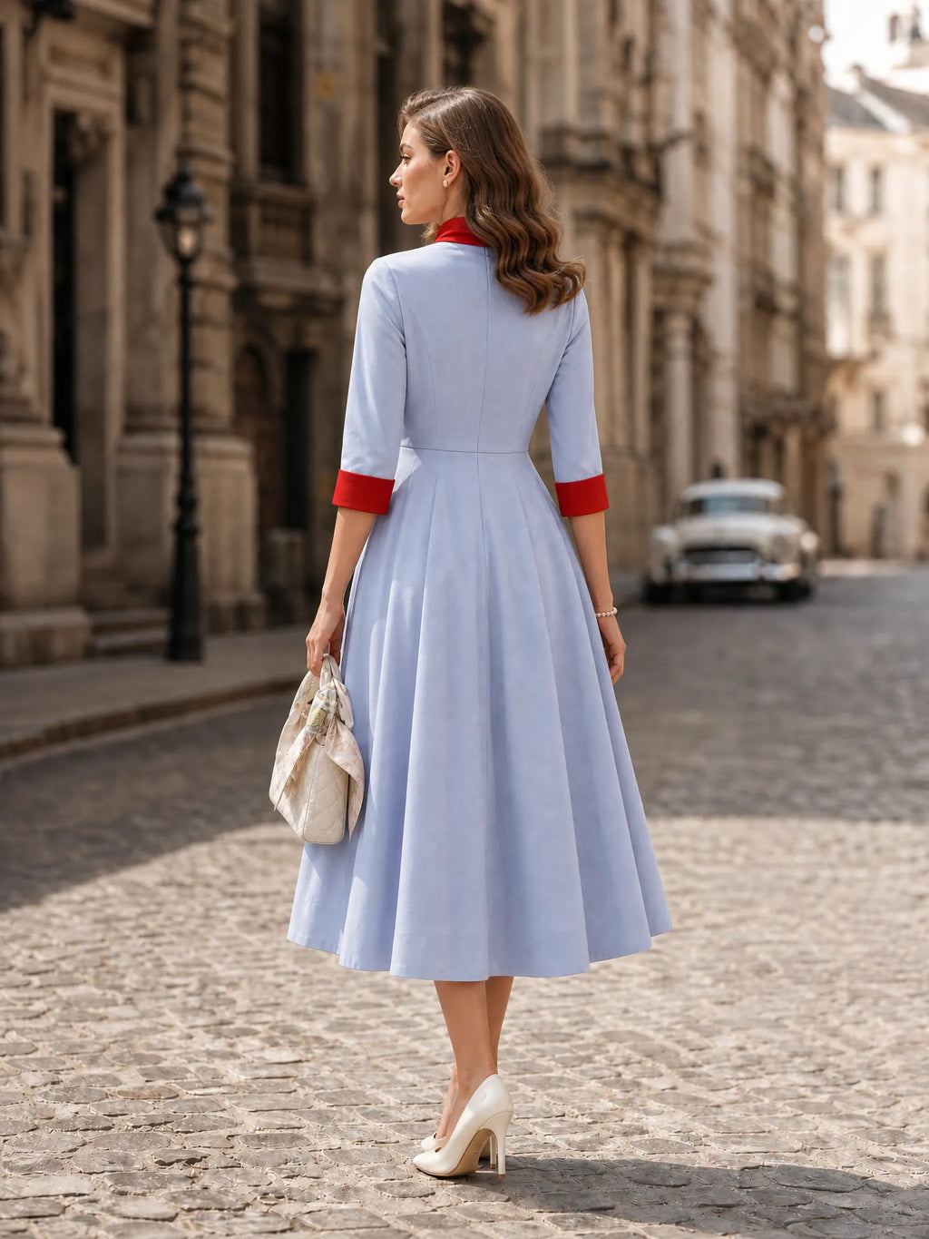 1950s Vintage Sky-Blue Contrast Red Tie-Neck Fit-and-Flare Midi Dress