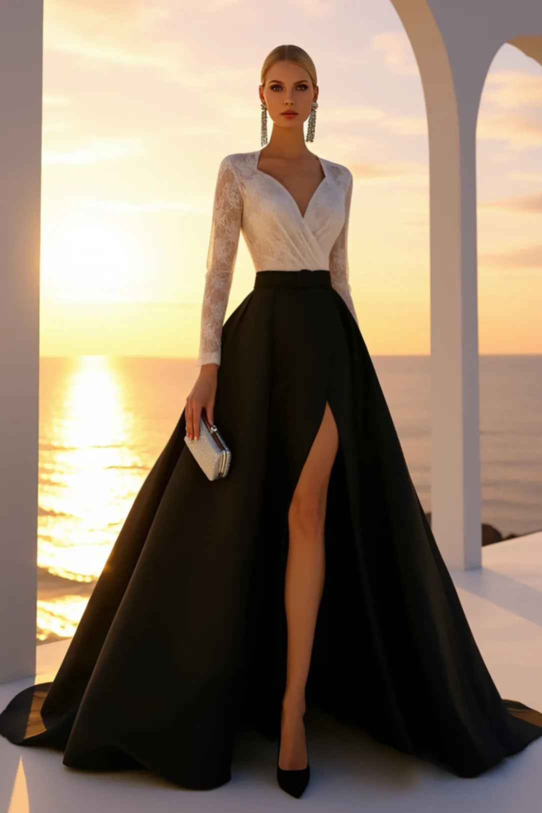 Evening Dress Black White Lace V-Neck Long Sleeve High Slit Maxi Gown