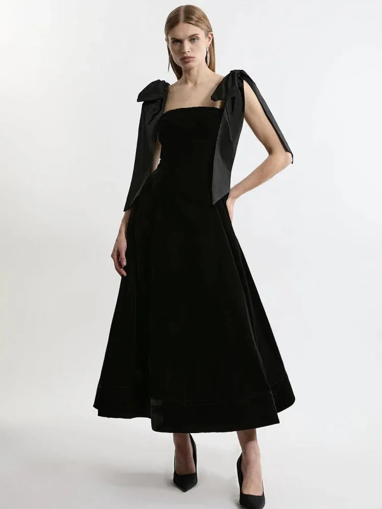 Velvet Strapless Bow Midi Dress