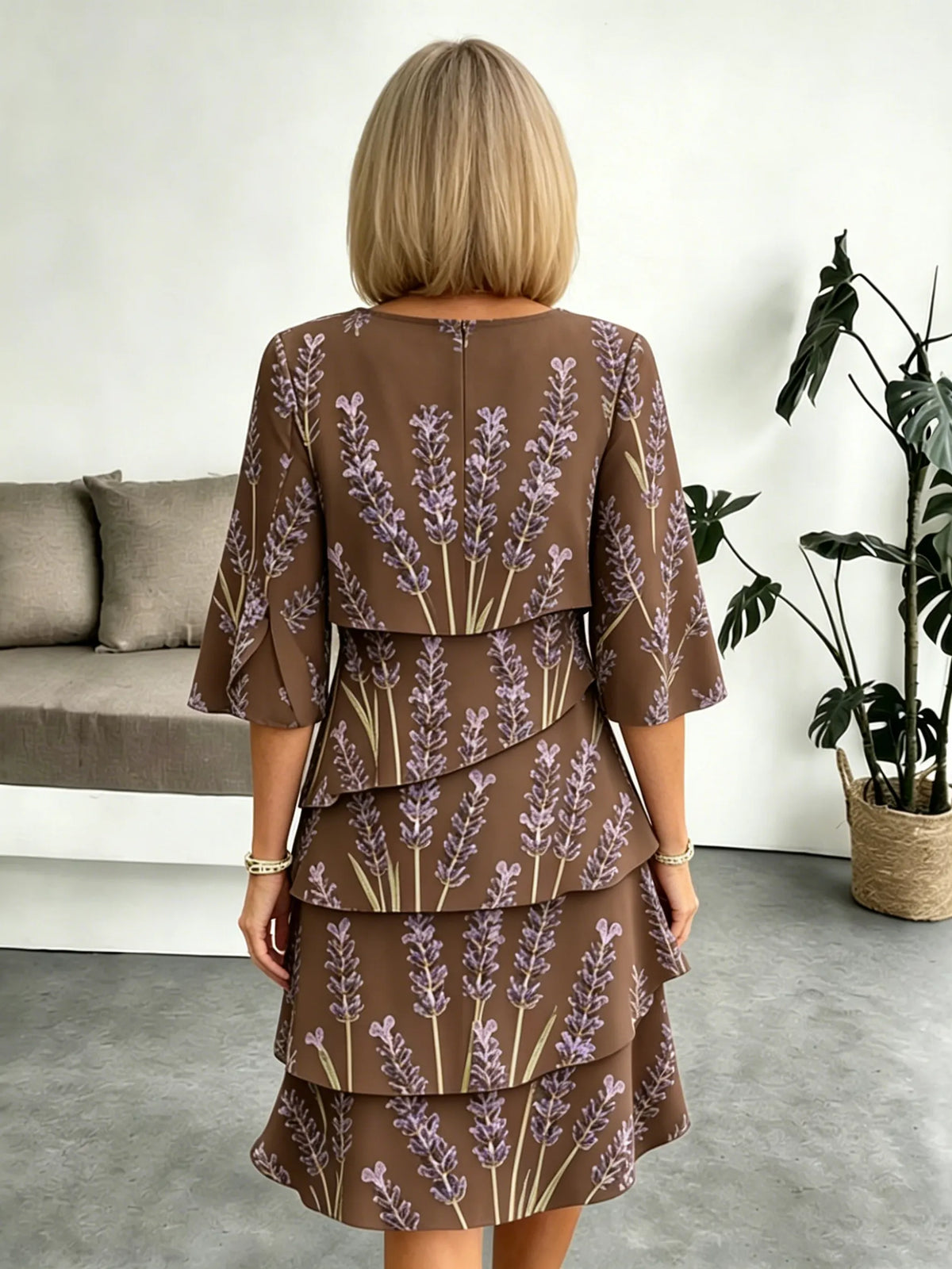 Lavender Chiffon Vacation Prints Color Round Neck Cake Skirt Splicing Dress Mid-length