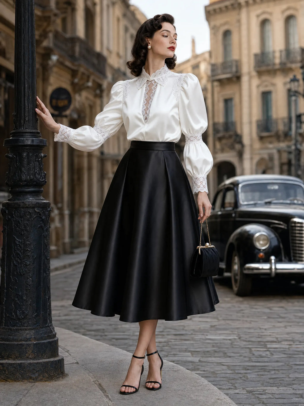 Vintage High-waisted Satin Midi Skirt
