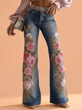 Western Pants — Ocean Blue Mid-Rise Bootcut Denim Jeans With Heavy 3D Rose Floral Embroidery