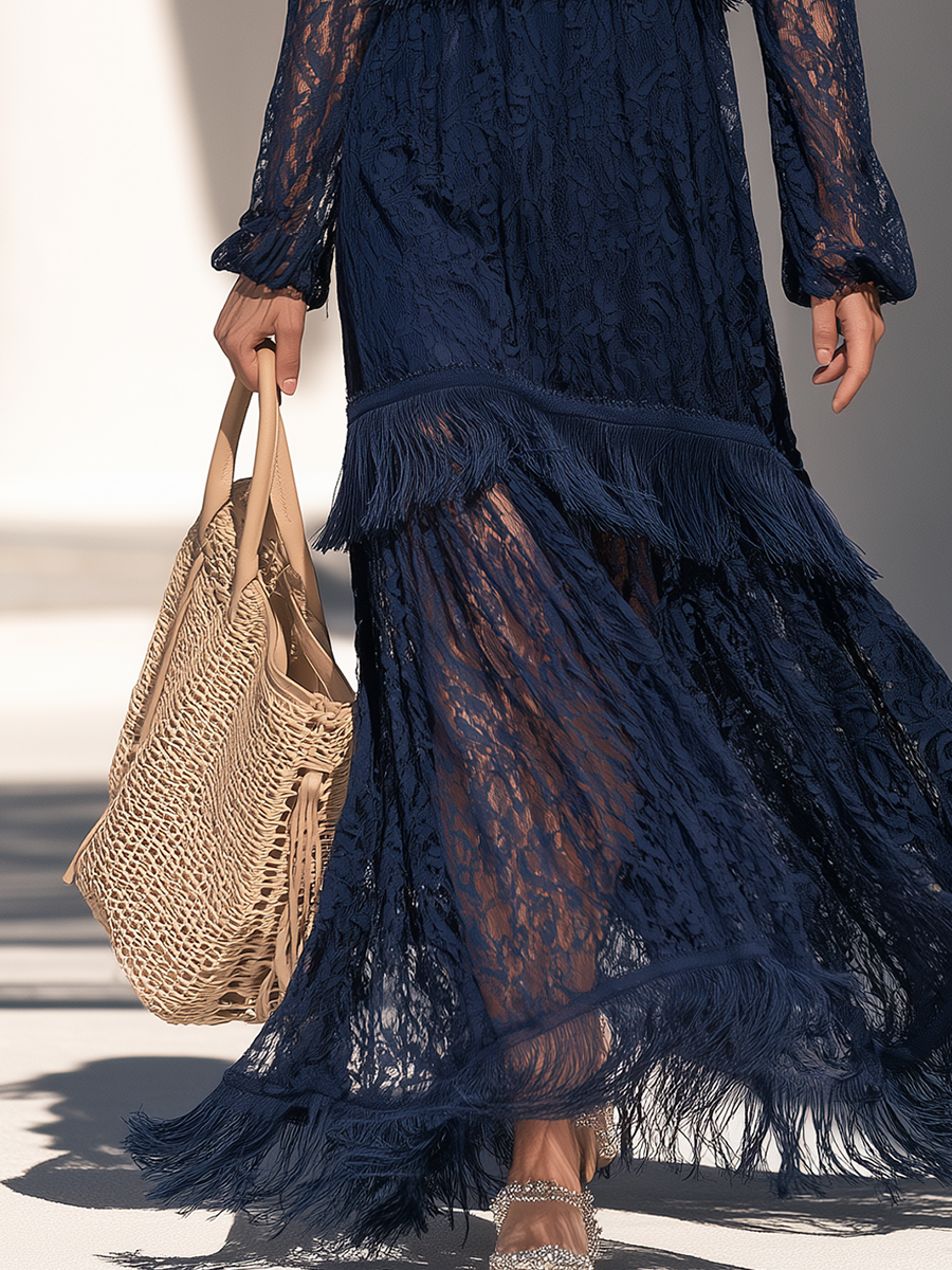Exquisite And Elegant Round Neck And Tassel Trim Dark Blue Lace Maxi Dress