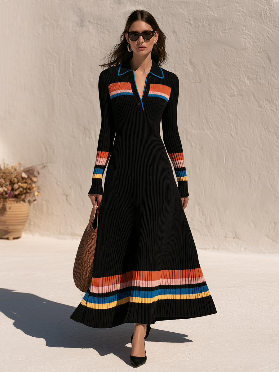 Retro-chic Rainbow Striped Knit Polo Maxi Dress