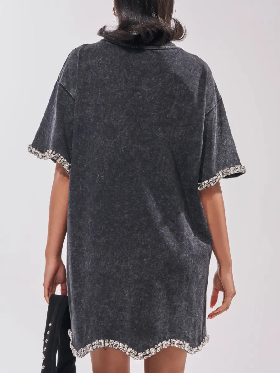 Rhinestone Trim Washed T‐Shirt Mini Dress