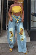 Acid Wash Yellow‐Thread Ripped Baggy Jeans