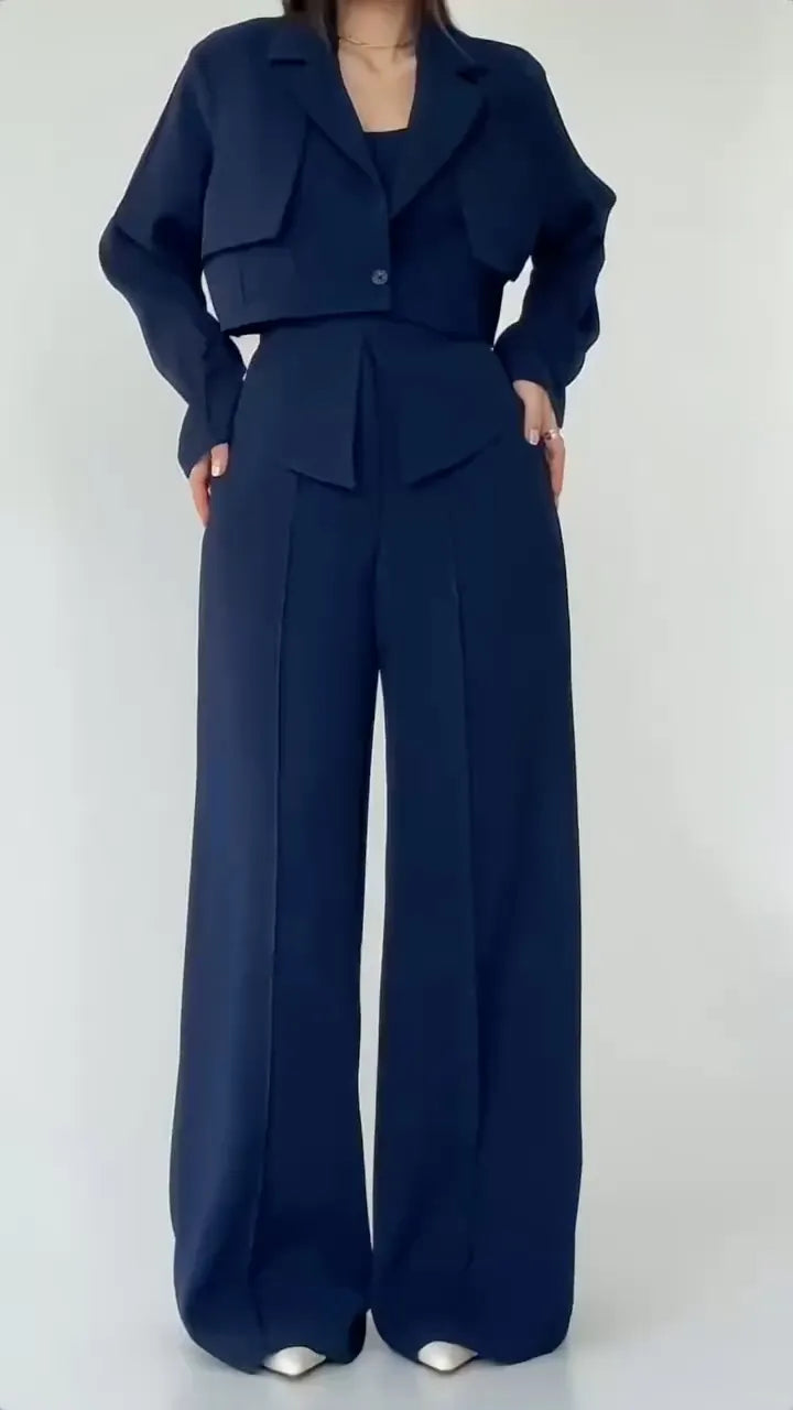 Taupe Cropped Blazer Two‐Piece Pants Set