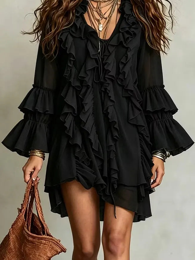 Black V-neck Layered Ruffled Bell Sleeve Chiffon Mini Dress