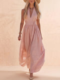 Day Dress — Pastel Mauve Side Button Gathered Linen Dress Maxi Dress