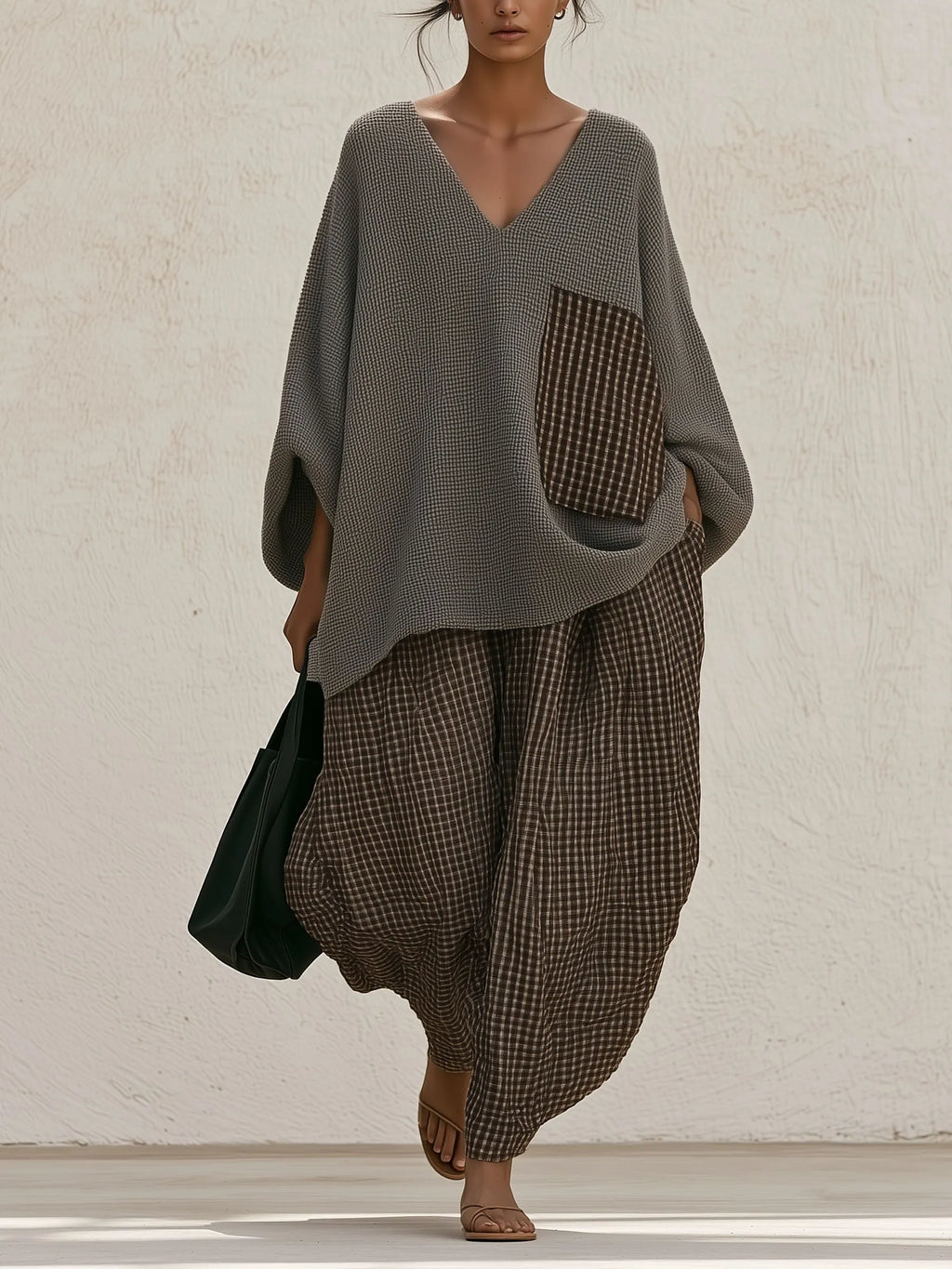 Waffle Textured V‐Neck Top & Plaid Harem Pants Two‐Piece Set