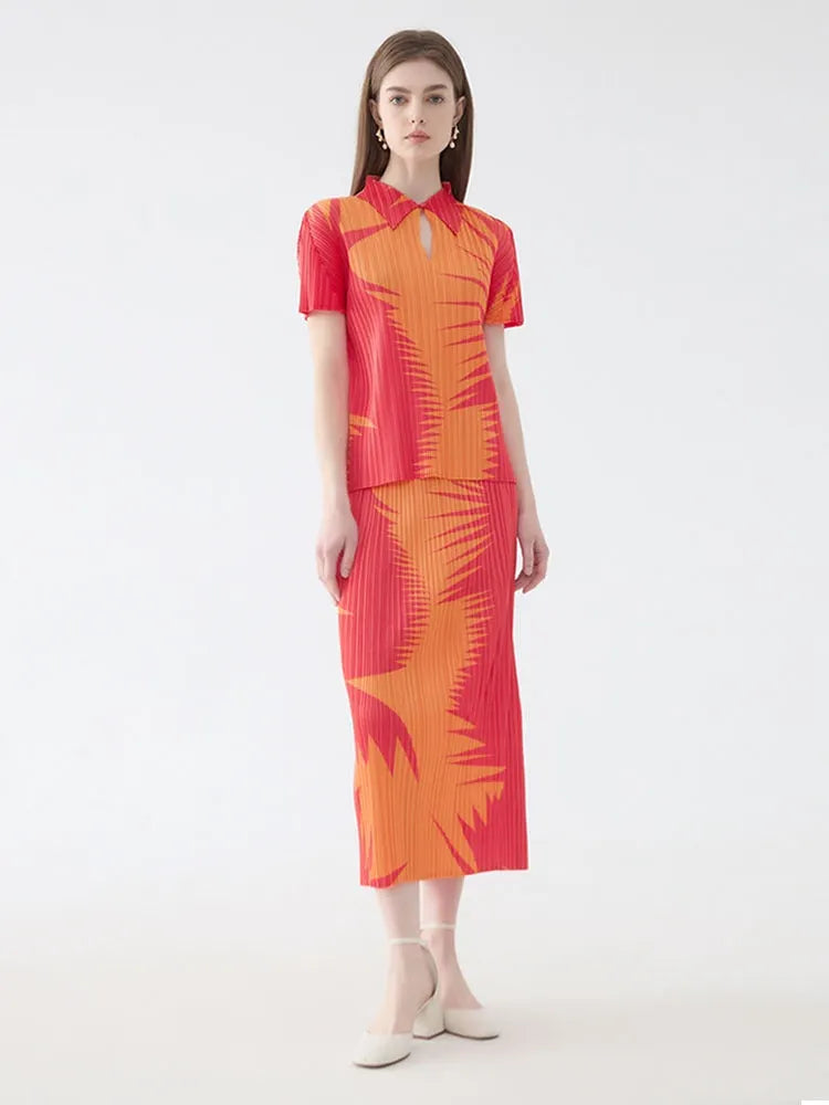 Pleated Lapel Top Two-Piece Set Skirt