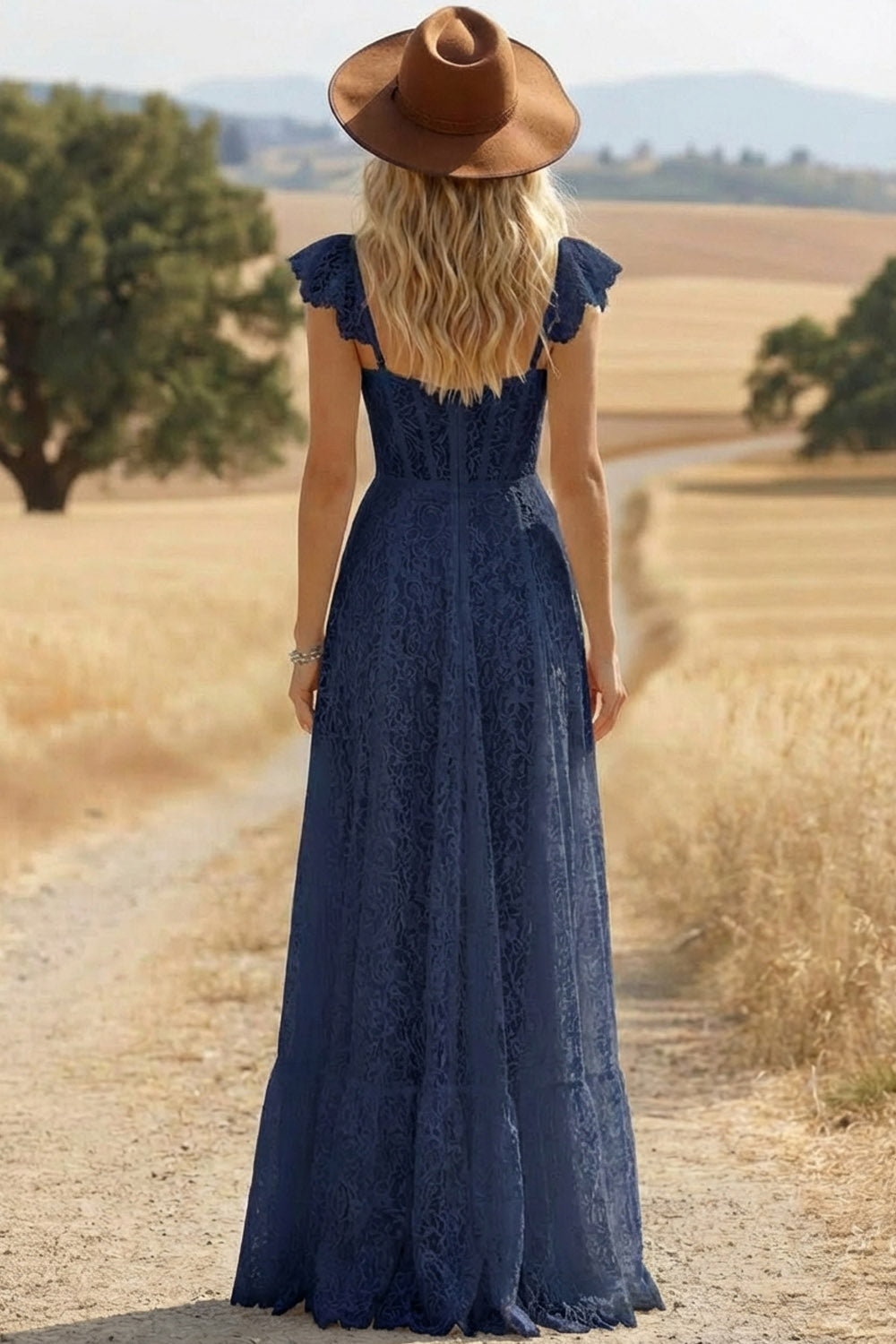 Boho Lace Dress Navy Short Sleeve High Slit Maxi Dress