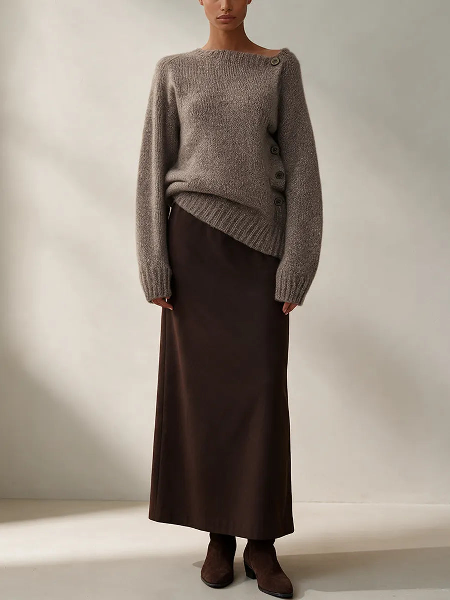 Women's Asymmetric Off-Shoulder Side Button Oversized Knit Sweater & Dark Brown Maxi Skirt Set