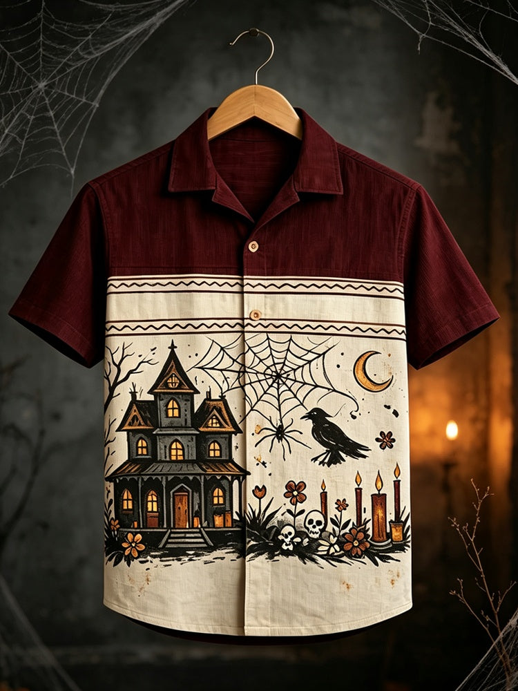 Men's Gothic Halloween Castle Crow Pattern Short-sleeve Shirt