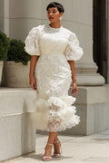 White Lace Puff‐Sleeve Midi Dress