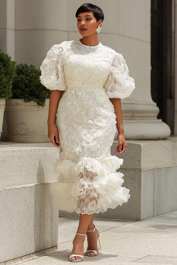 White Lace Puff‐Sleeve Midi Dress