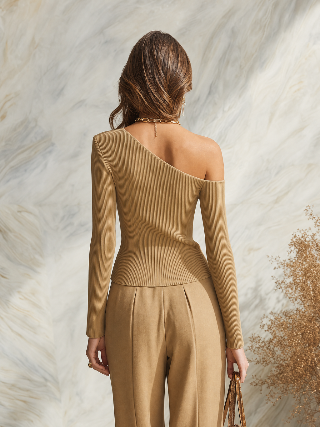 Vacation-style One-shoulder Long-sleeve Button-detail Sweater