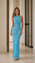 Sleeveless Beaded Halter Neck Column Maxi Evening Dress