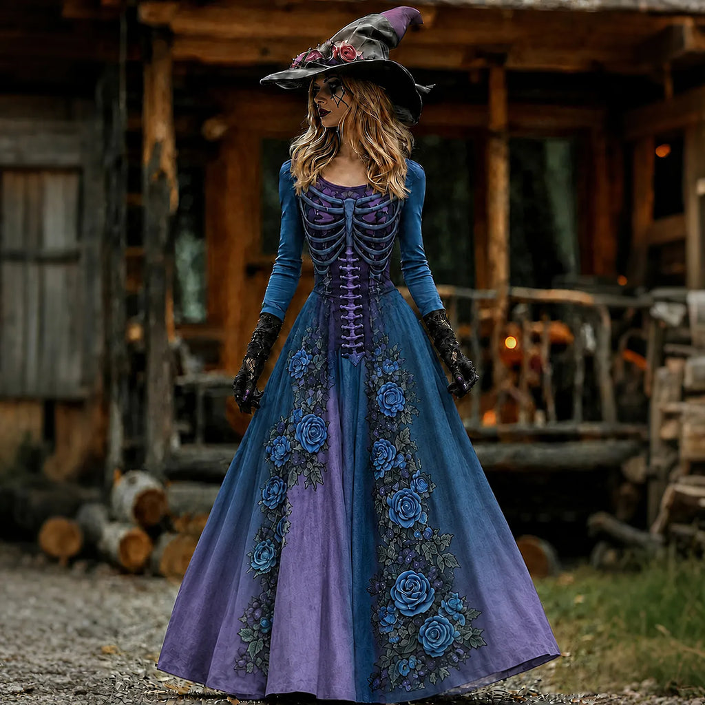 Vintage  Skull Rib Cage Rose Pattern Maxi Dress