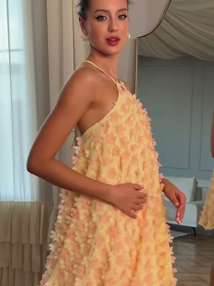 butter-yellow-3d-floral-halter-mini-dress-tiered-babydoll-party-dress