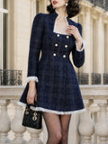 Vintage Navy Plaid Ruffle-Trim Pearl-Button Mini Dress