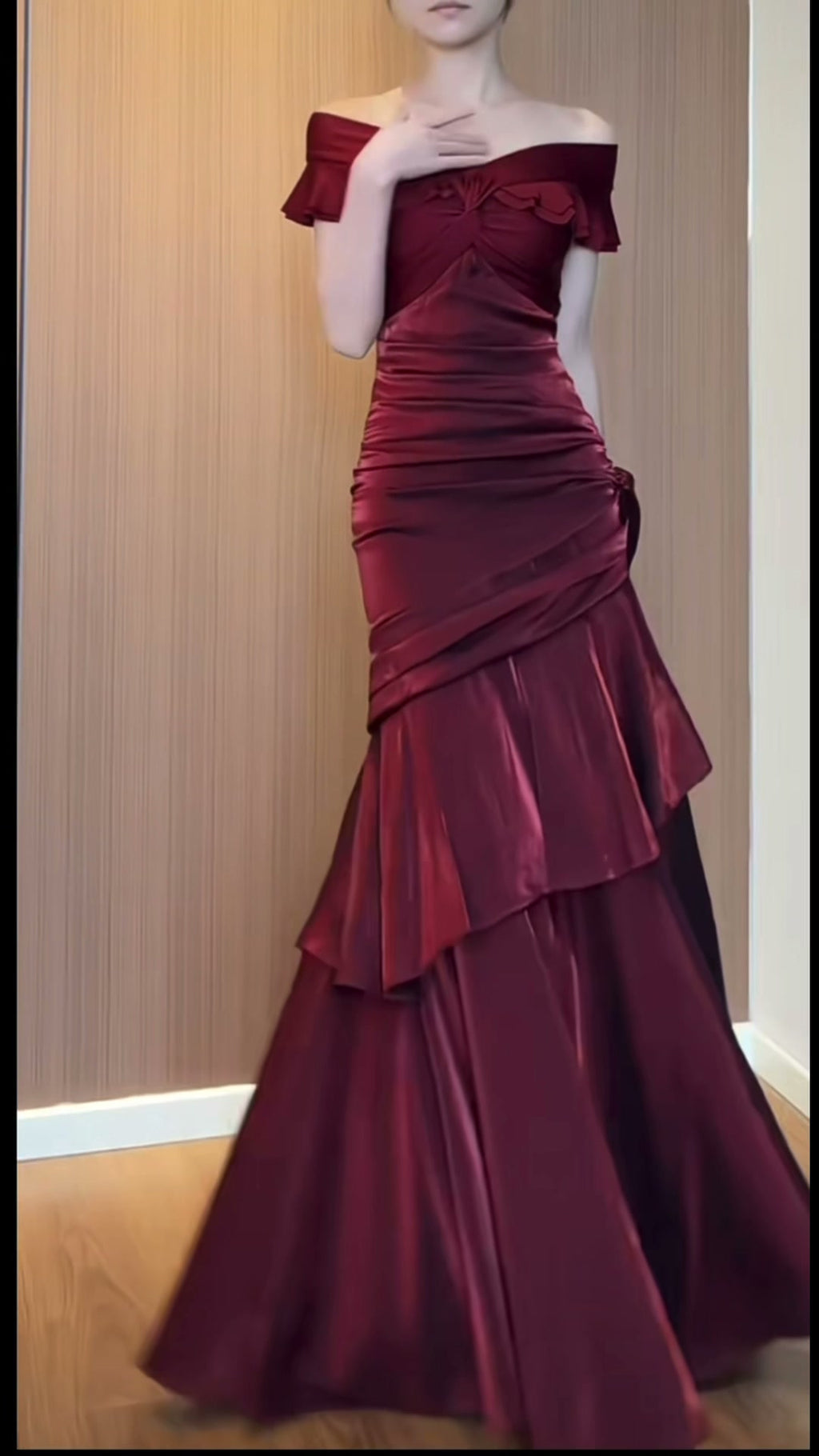 burgundy-off-shoulder-ruffle-gown-tiered-satin-maxi-dress