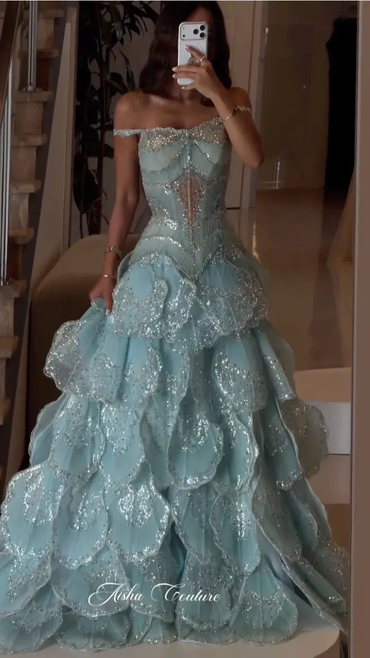 Off‐Shoulder Petal Sequin Ball Gown