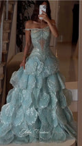 Off‐Shoulder Petal Sequin Ball Gown